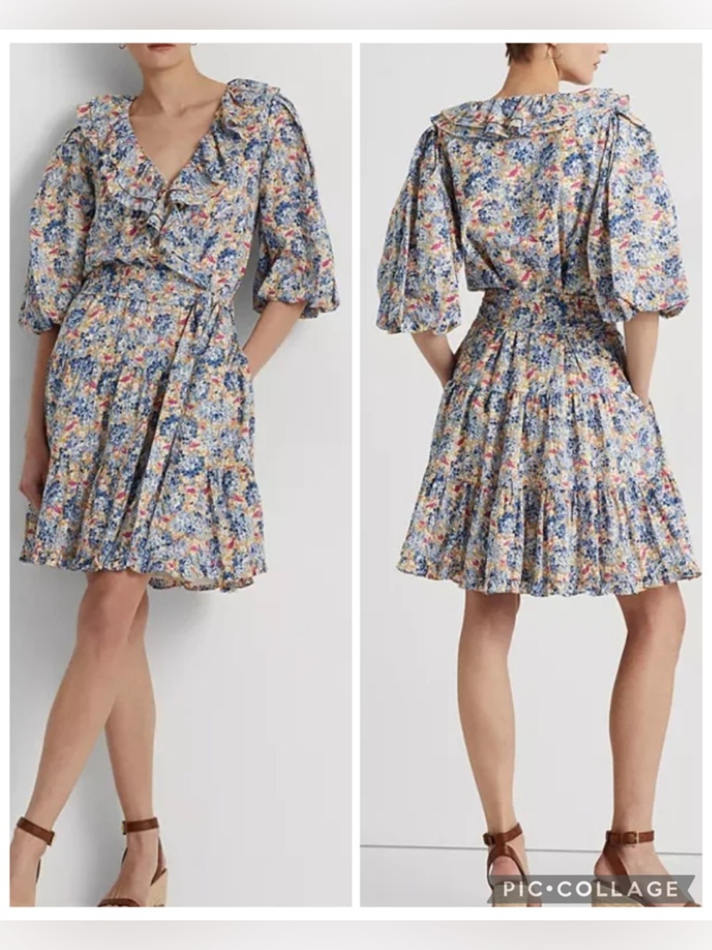 NWT Lauren Ralph Lauren Pink/Blue Floral Ruffle Trim Puff Sleeve Cotton Dress